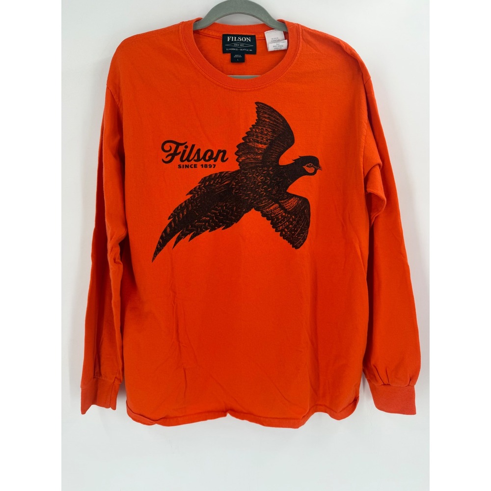 Filson Long Sleeve Shirt Mens L Orange Pheasant Print Graphic Tee Gorpcore RARE